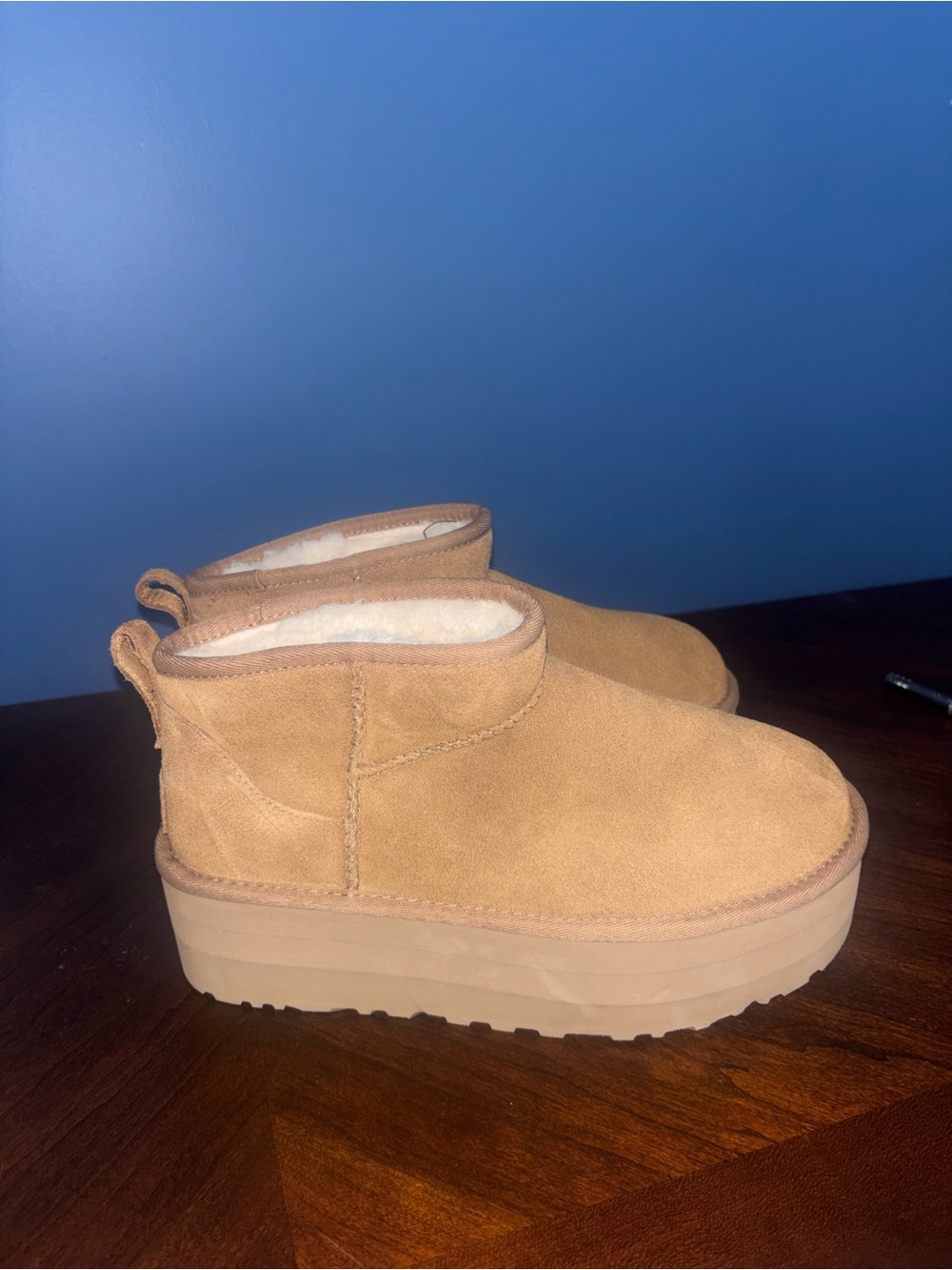 UGG Chestnut Suede Platform Shearling Slip-On Booties